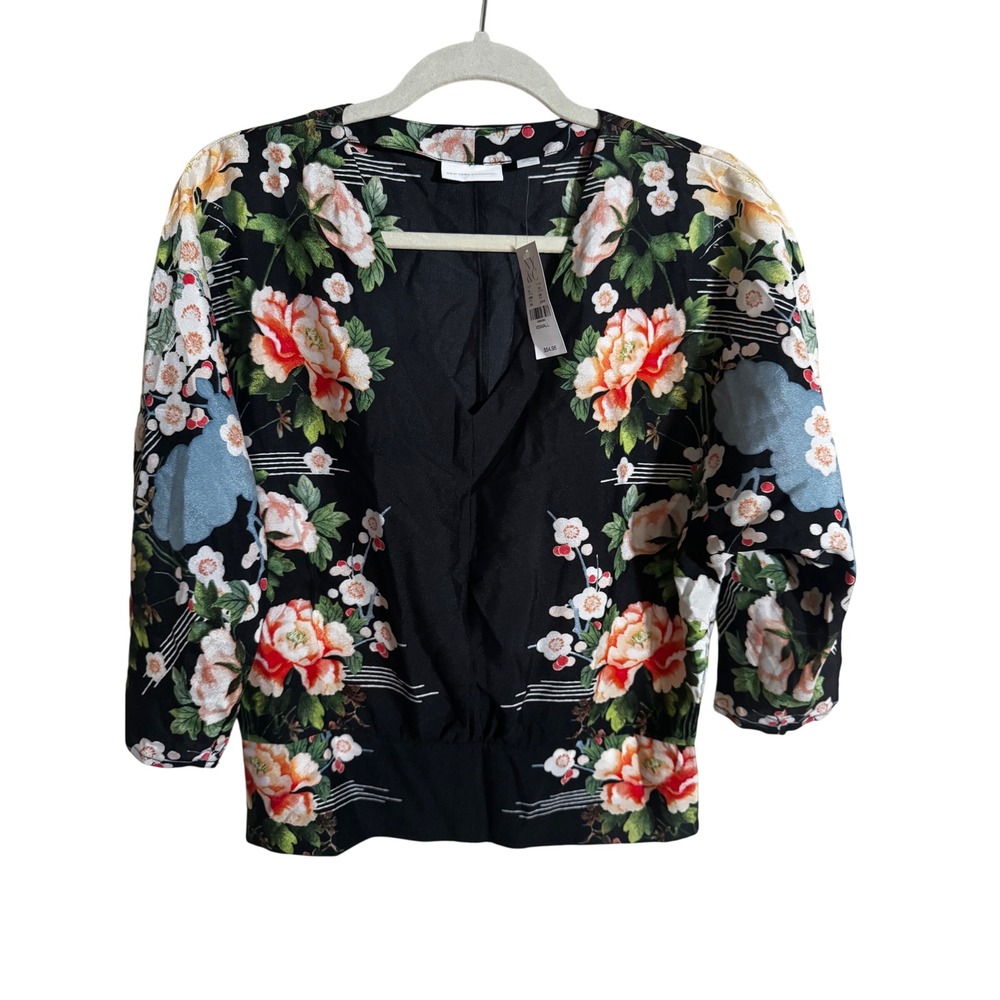 New York & Company Womens XS Black Floral V-Neck Smocked Back Blouse NEW